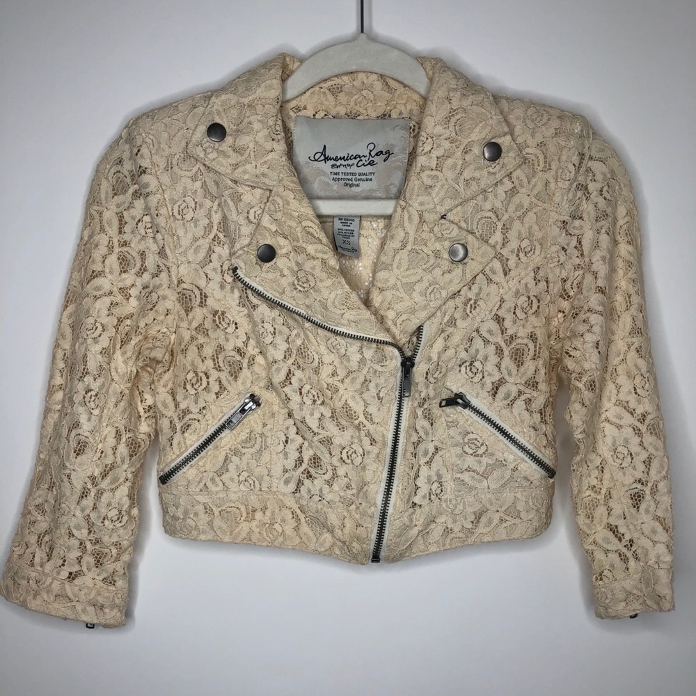 American Rag cream lace moto cropped jacket